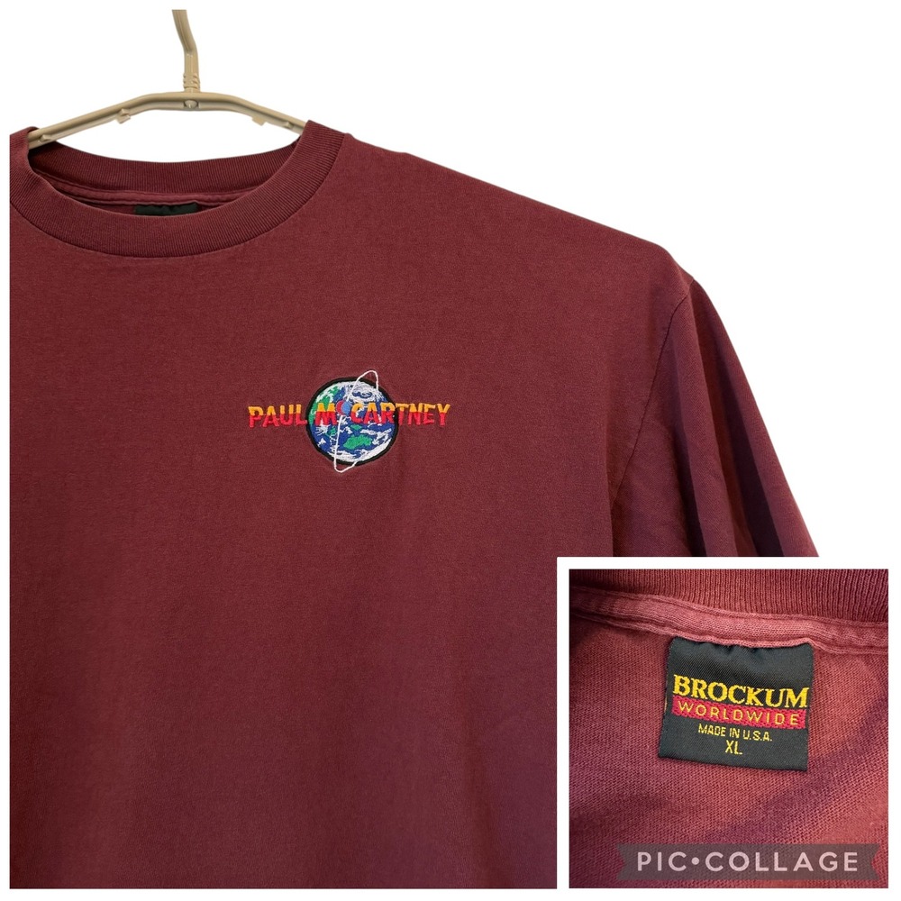 VTG Paul McCartney Brockum‎ T Shirt XL Burgundy Embroidered Globe 90s USA Boxy